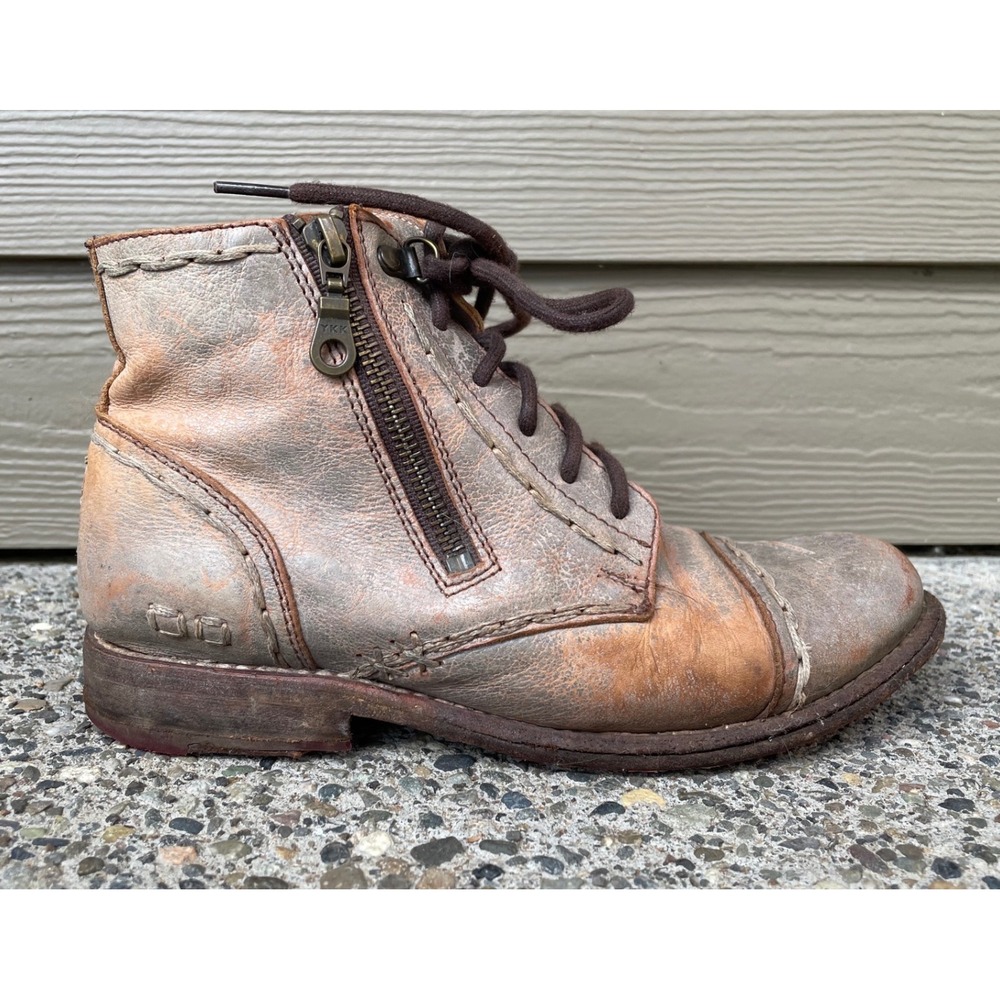 Bed Stu Cobbler Women's Tan Leather Distressed Lace Up Zip Ankle Boots Size 7